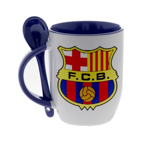 Кружка синяя, с ложкой с логотипом Барселона